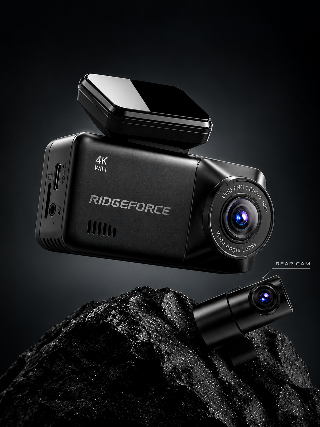 RIDGEFORCE 4K WiFi Dash Cam with Rear Camera and GPS for Front and Rear Vehicle Surveillance