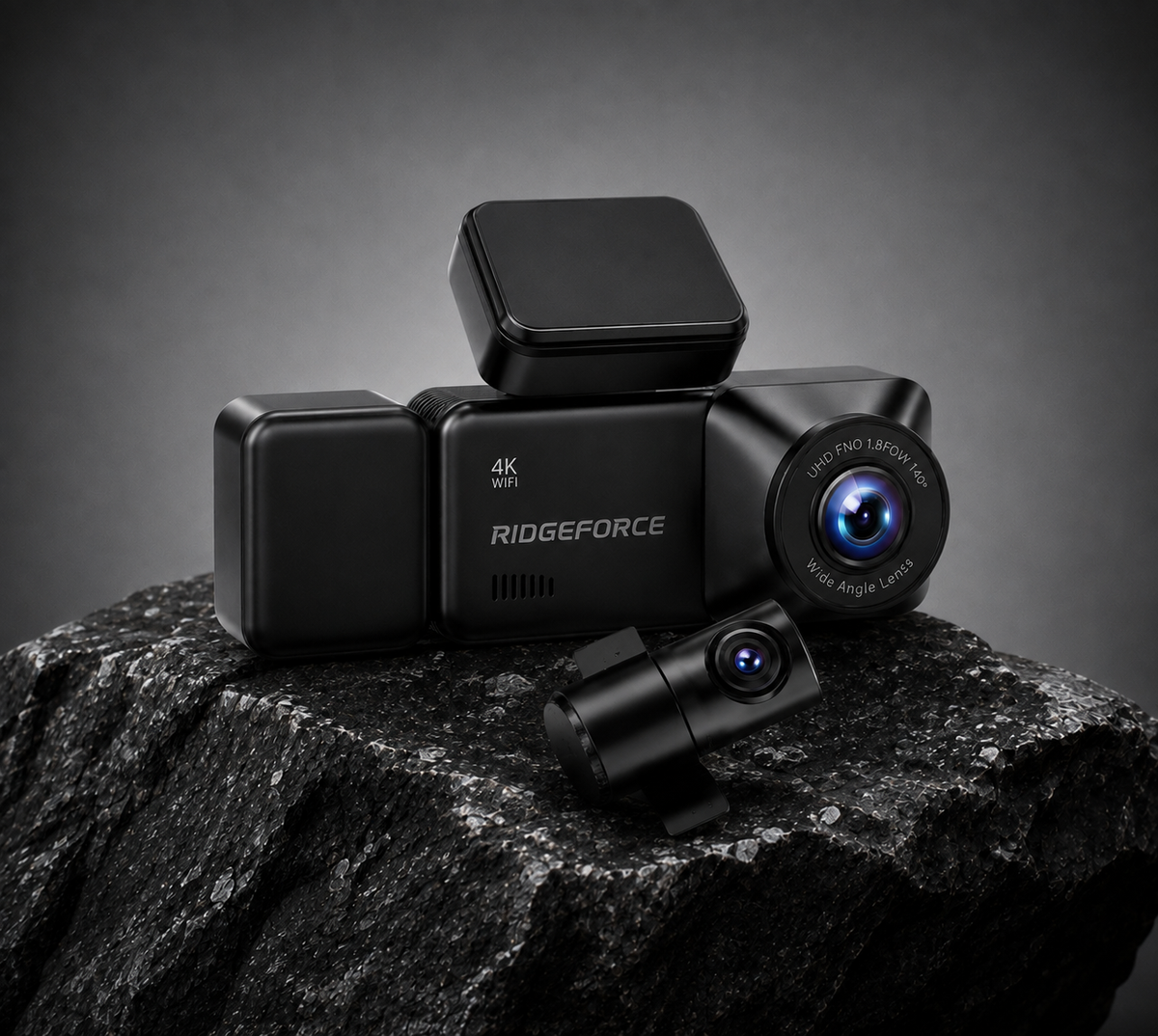 RIDGEFORCE 4K WiFi Dual Lens Dash Cam with Rear Camera Unit and Mounting Accessories