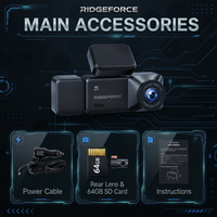 RIDGEFORCE dash cam main accessories set featuring 4K dash camera, power cable, rear lens, 64GB SD card, and user instructions manual