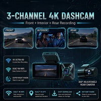 RIDGEFORCE 3-channel 4K dash cam graphic showing front, interior, and rear recording with WiFi and GPS features