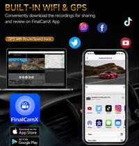 RIDGEFORCE Dash Cam built-in WiFi and GPS feature graphic showcasing FinalCamX app integration, route tracking, and instant mobile video downloads.